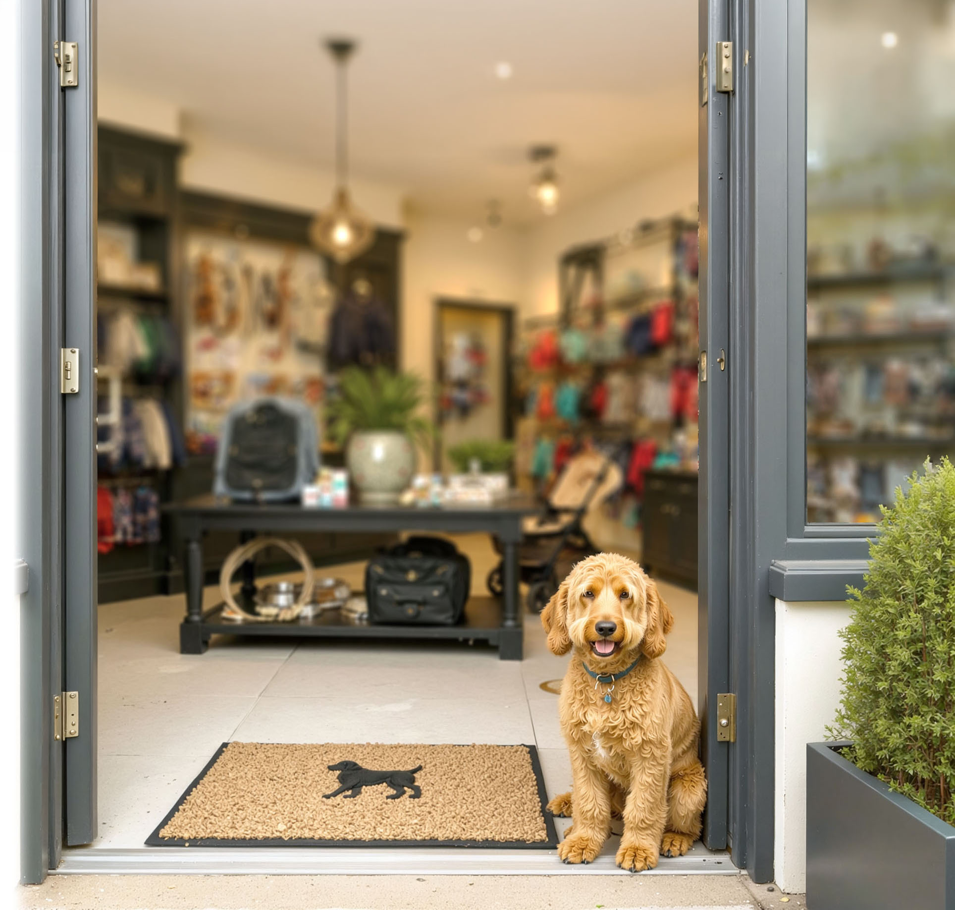 Snazzydot boutique storefront with a dog sitting in the doorway