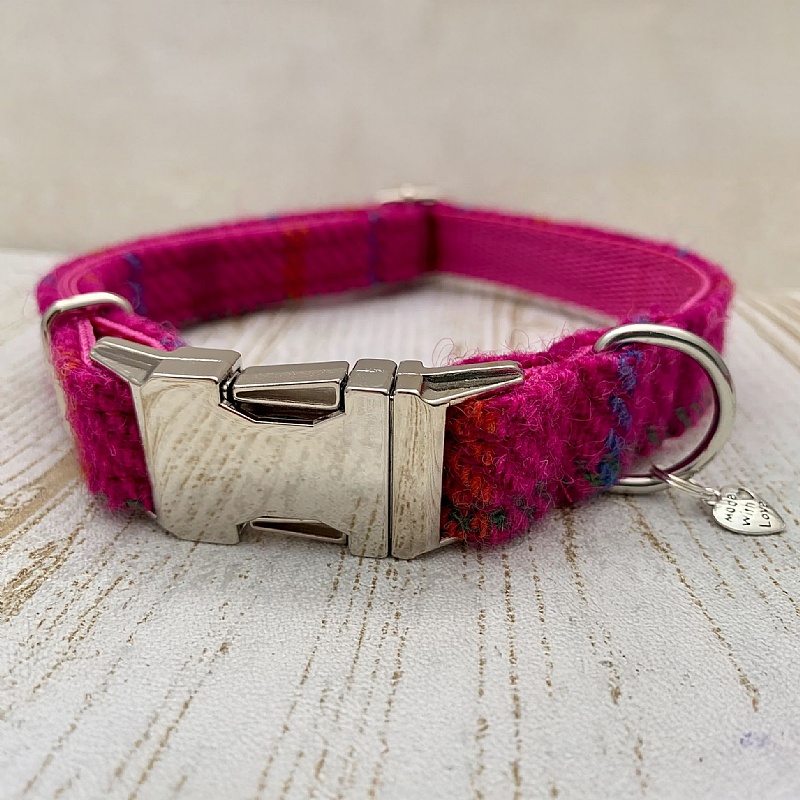 Dark Pink Check Harris Tweed Dog Collar - Small