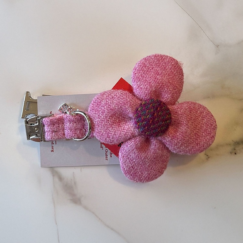 Rose Pink Harris Tweed Flower Dog Collar - Small