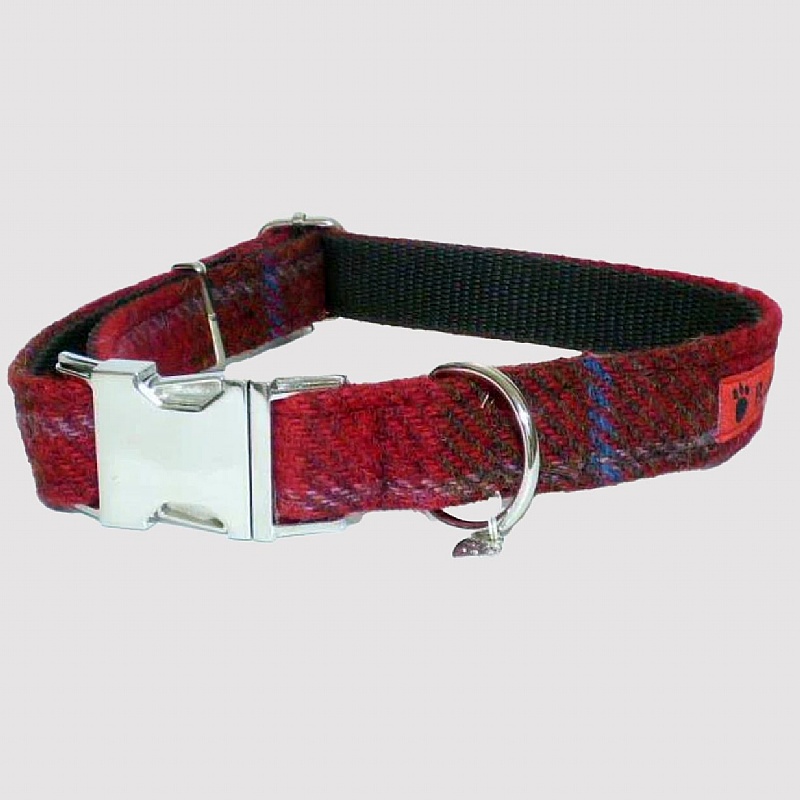 Dark Red Check Harris Tweed Dog Collar - Medium