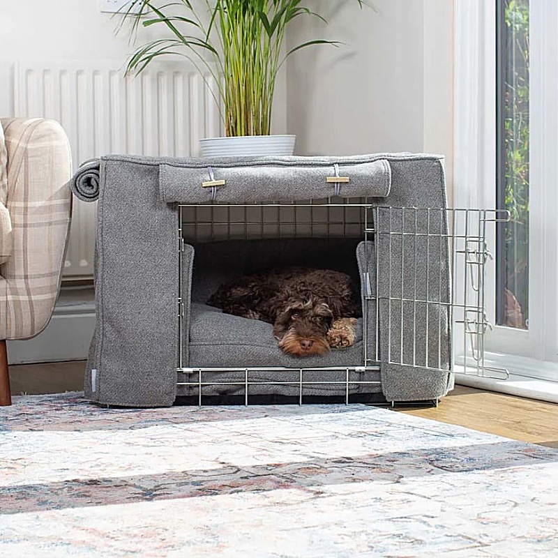 Herringbone Tweed Dog Crate Set Pewter