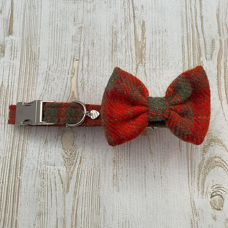 Orange Check Harris Tweed Bow Tie Dog Collar