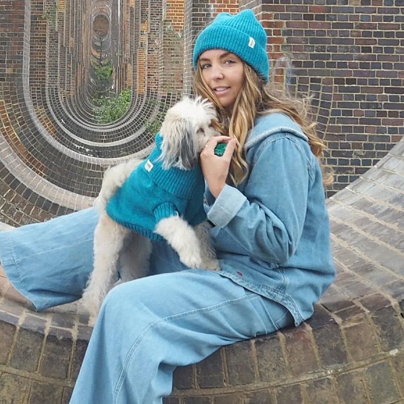 Cerulean Blue British Wool Dog Jumper and Matching Beanie Hat Set
