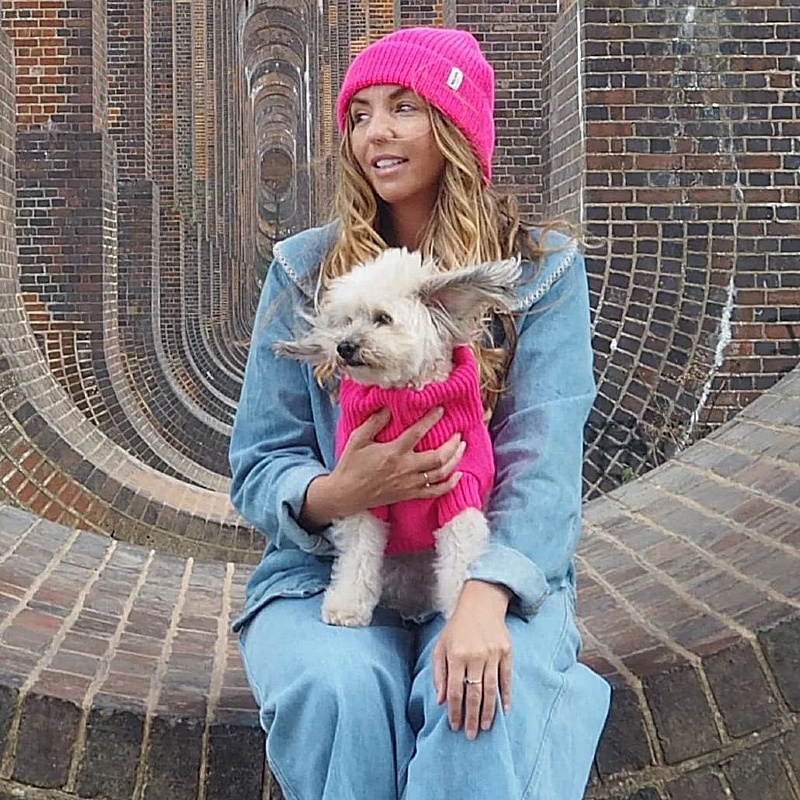 Fandango Pink British Wool Dog Jumper and Matching Beanie Hat Set