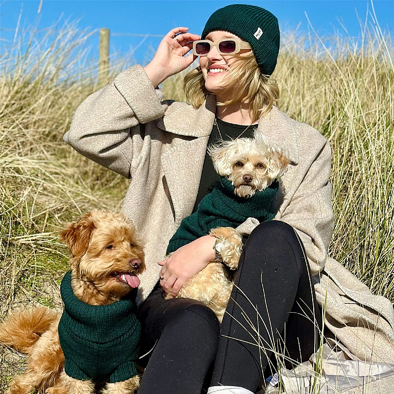 Forest Green British Wool Dog Jumper and Matching Beanie Hat Set