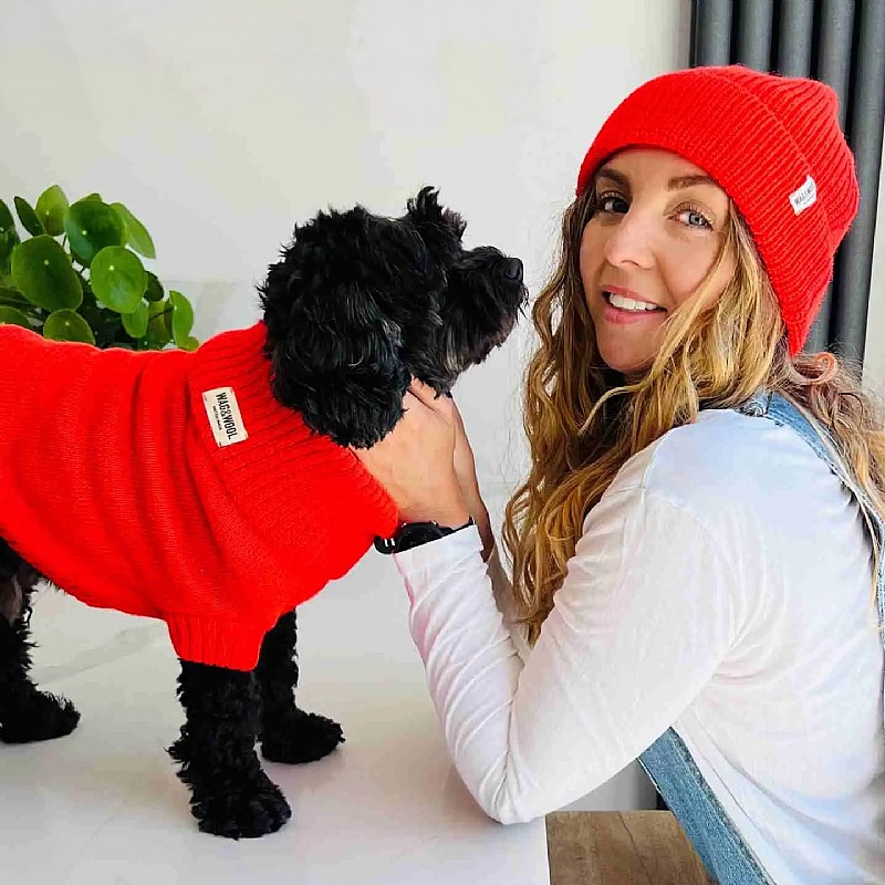 Lava Orange British Wool Dog Jumper and Matching Beanie Hat Set
