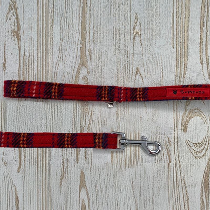 Red Tartan Harris Tweed Dog Lead
