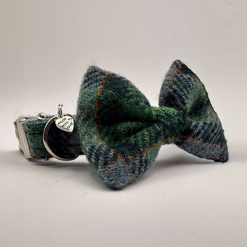 Grass Green Check Harris Tweed Bow Tie Dog Collar