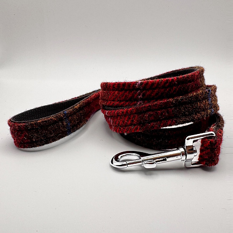 Dark Red Check Harris Tweed Dog Lead