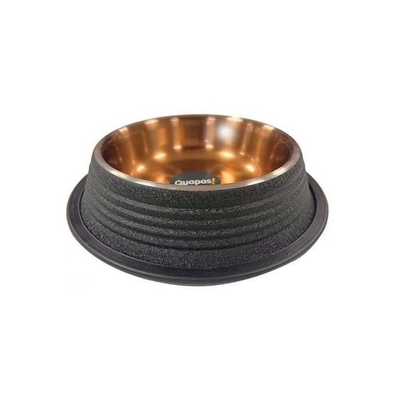 Quapas Ribbed Non-Skid Black Leather Copper Dog Bowls