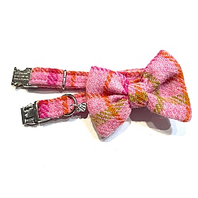 Baby Pink Check Harris Tweed Bow Tie Dog Collar