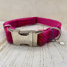 Pink Check Harris Tweed Dog Collar - Small