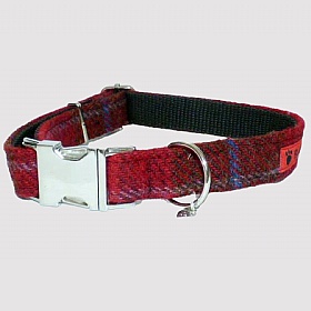 Dark Red Check Harris Tweed Dog Collar - Medium