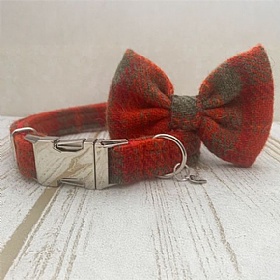Orange Check Harris Tweed Bow Tie Dog Collar