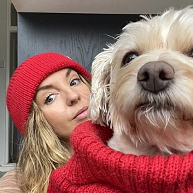 Cherry Red British Wool Dog Jumper and Matching Beanie Hat Set