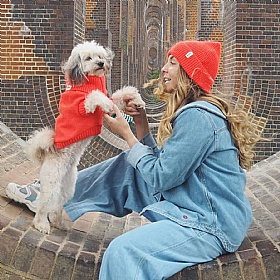 Lava Orange British Wool Dog Jumper and Matching Beanie Hat Set