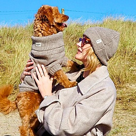 Oatmeal British Wool Dog Jumper and Matching Beanie Hat Set
