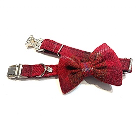 Dark Red Check Harris Tweed Bow Tie Dog Collar