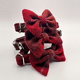 Dark Red Check Harris Tweed Bow Tie Dog Collar
