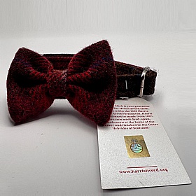 Dark Red Check Harris Tweed Bow Tie Dog Collar
