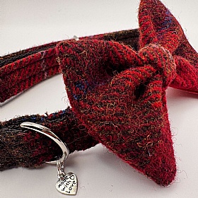 Dark Red Check Harris Tweed Bow Tie Dog Collar