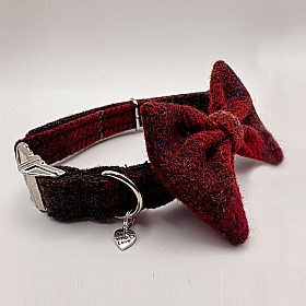 Dark Red Check Harris Tweed Bow Tie Dog Collar