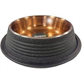 Quapas Ribbed Non-Skid Black Leather Copper Dog Bowls
