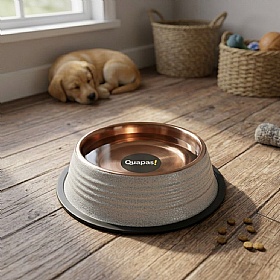 Quapas Ribbed Non-Skid White Leather Copper Dog Bowls